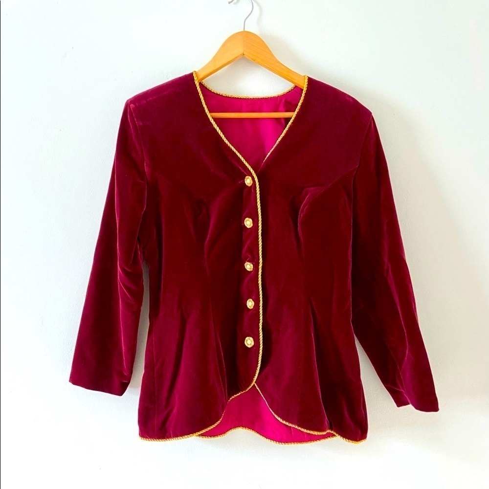Vintage Women's Red & Gold Blazer with Pearl Buttons - Medium